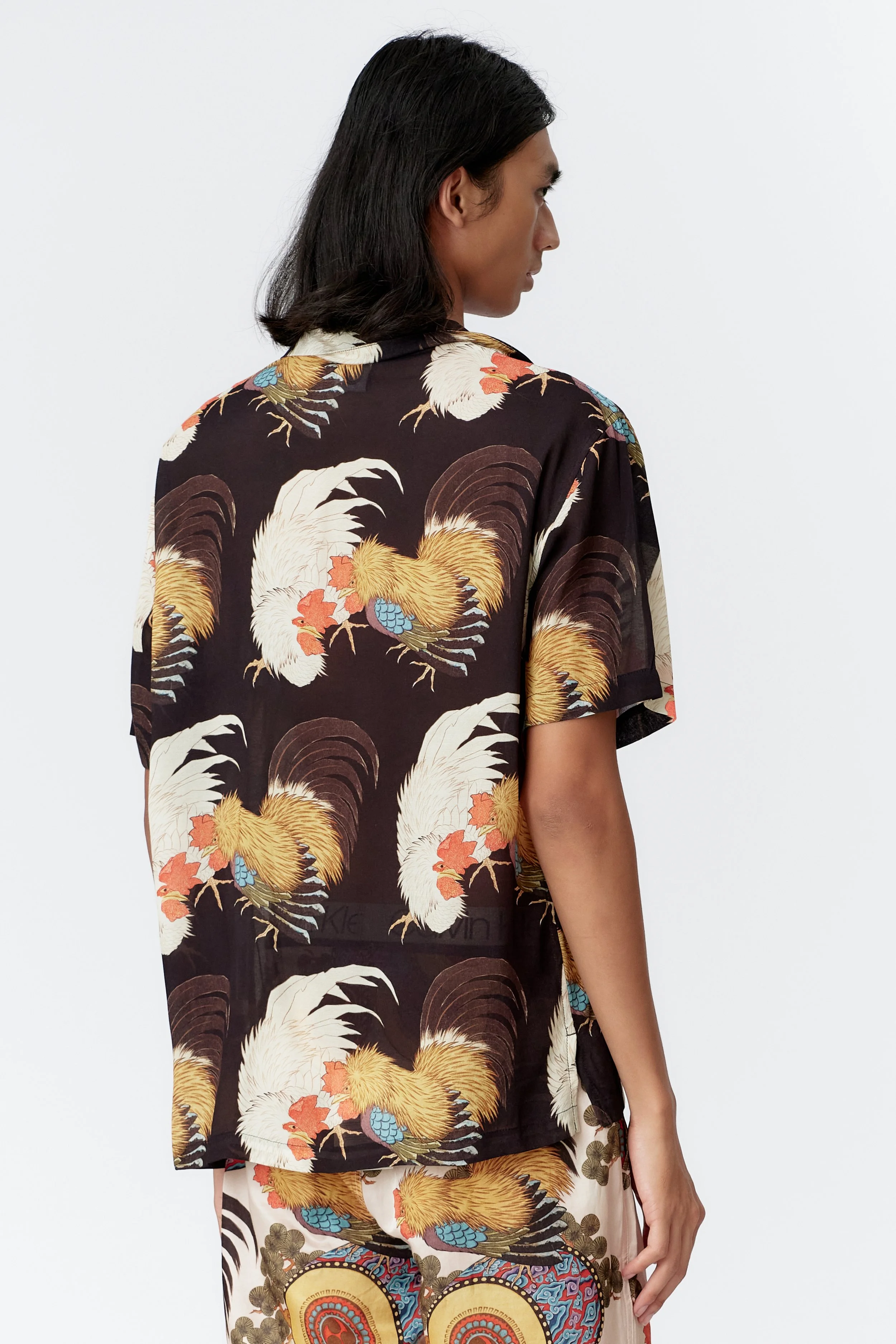 Back view of model wearing Roosters painting by stevie anderson