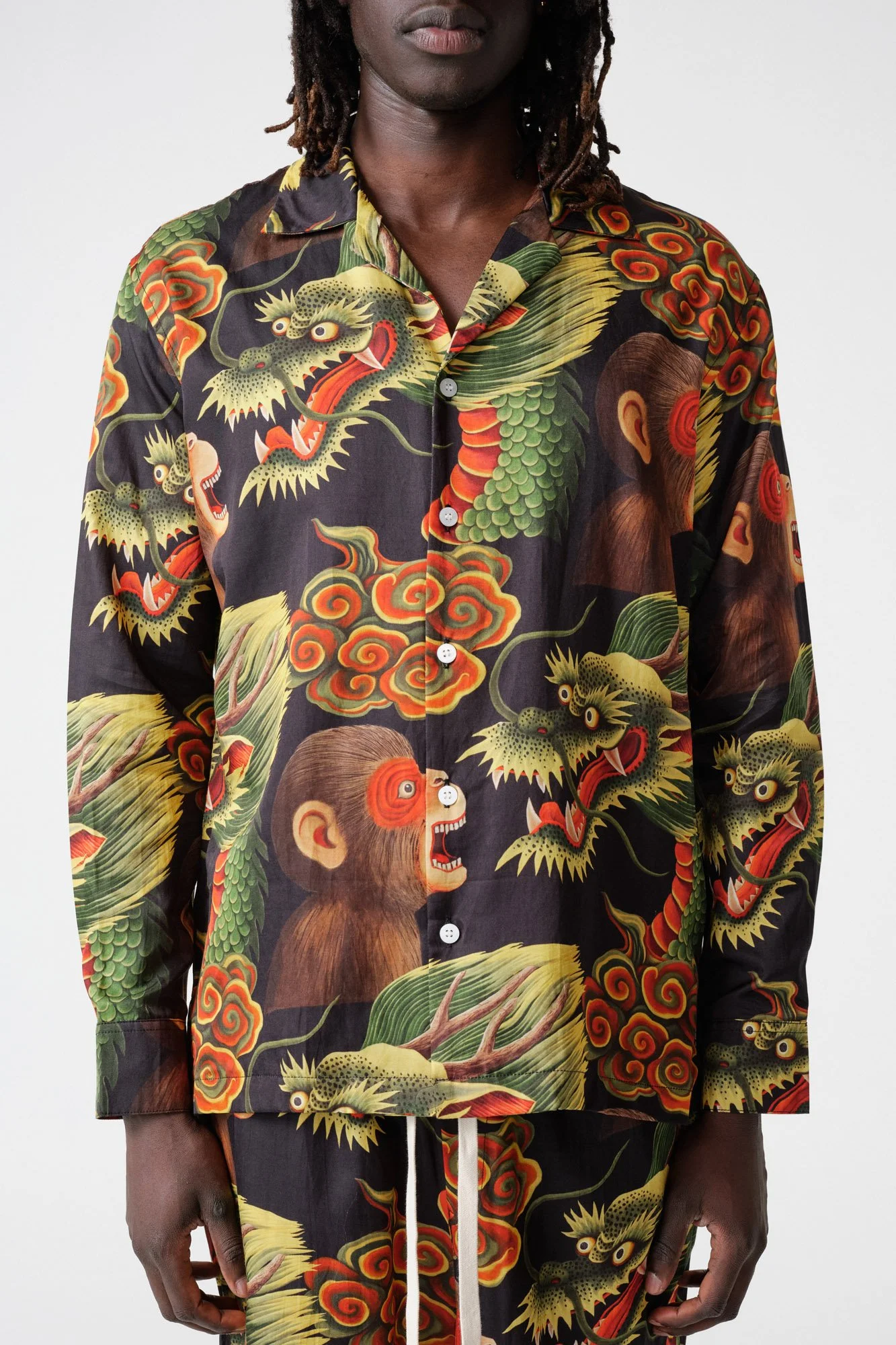 endless-joy-printed-monkey-dragon-black-silk-cotton-pyjama-set-front-buttons