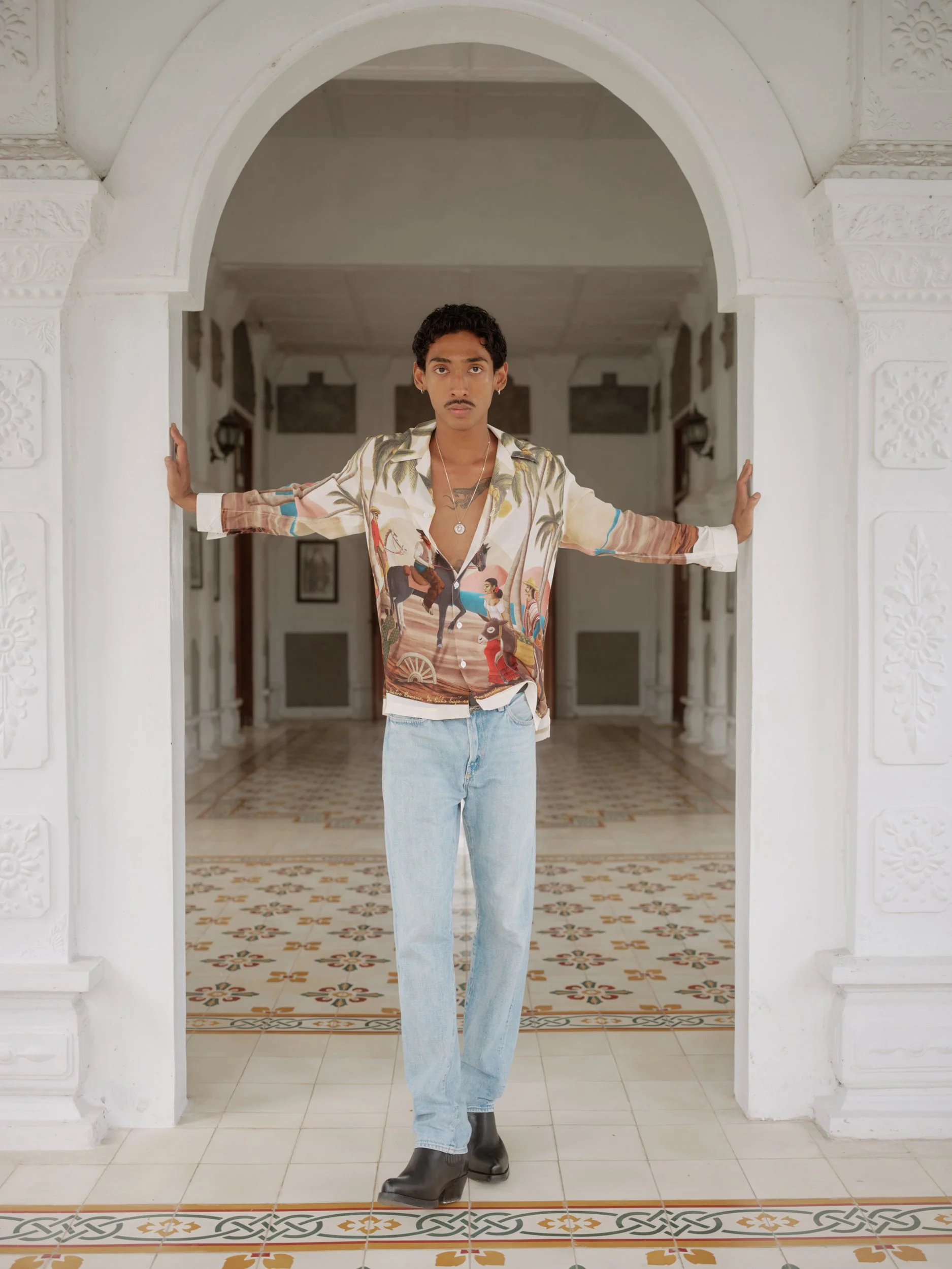 model wearing bandito artwork printed shirt in bali endless joy