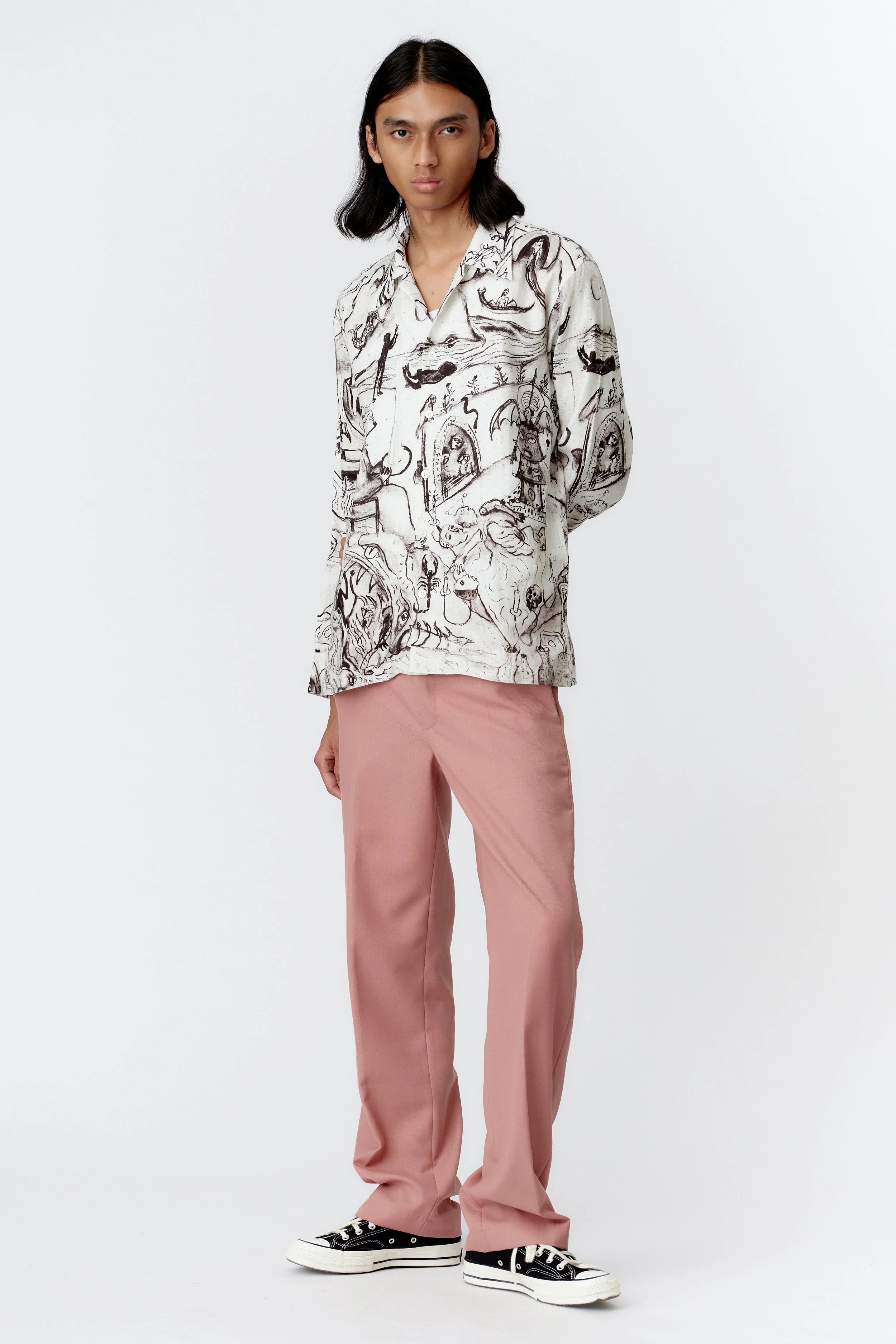 Full view of ALCHEMY limited edition linen long sleeve shirt showcasing divine hermaphrodite and symbolic imagery