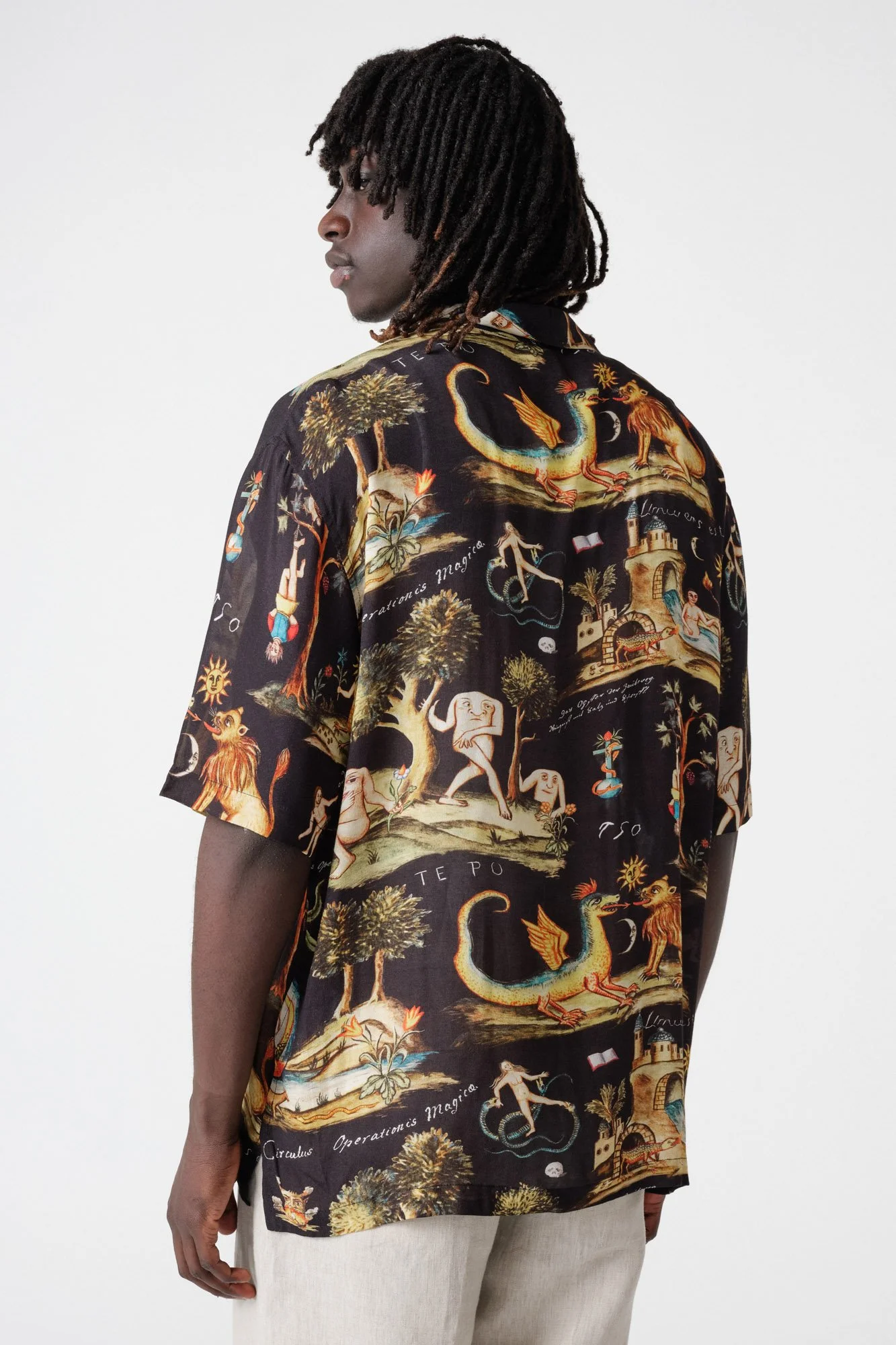 endless-joy-prima-materia-black-printed-crepe-rayon-short-sleeve-shirt-back-art-close-up