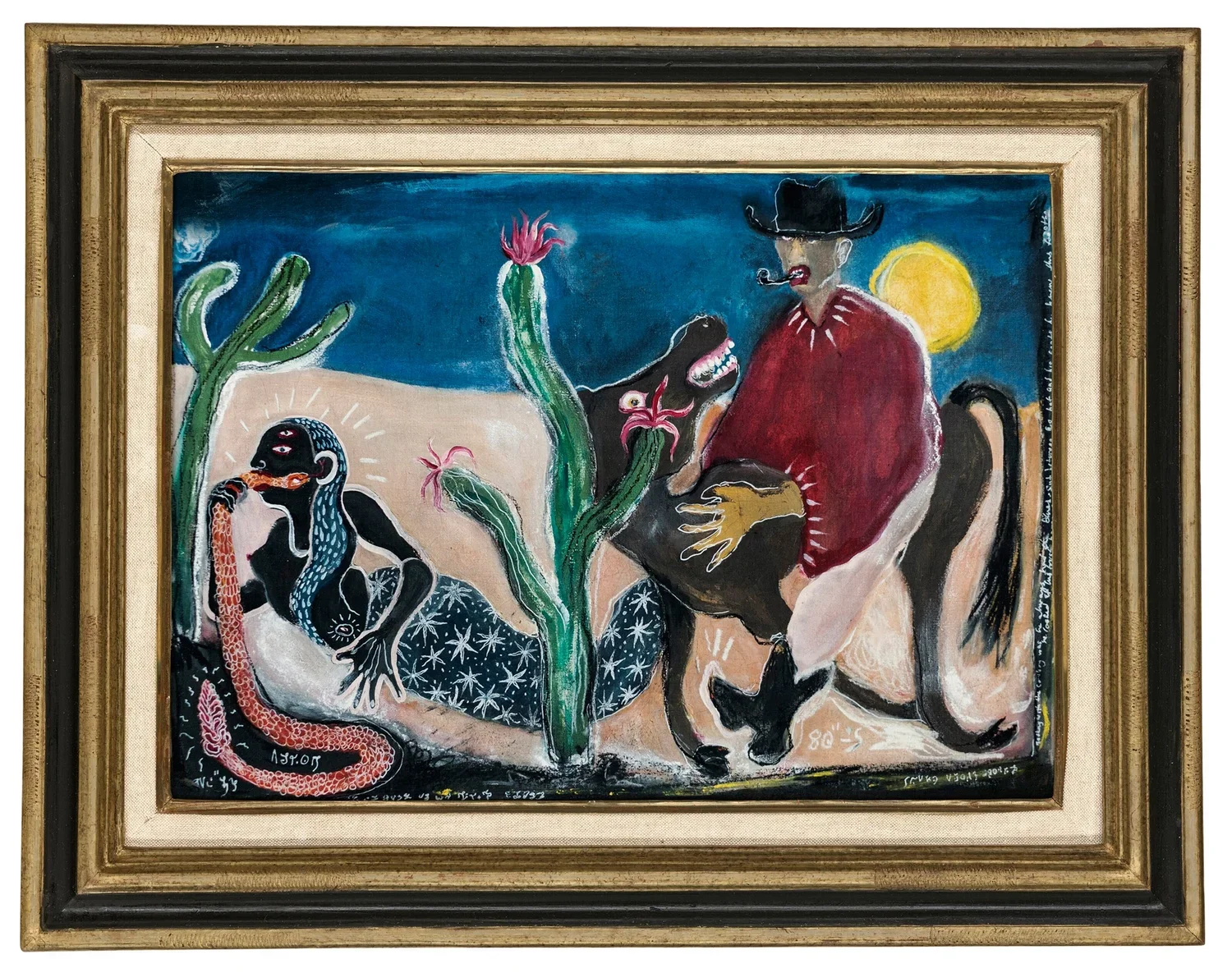 A colorful, surreal painting featuring a man wearing a cowboy hat and red shirt, sitting on a horse, with a snake, a cactus with pink flowers, a black dog with a pink tongue, and a woman with a snake wrapped around her. The scene is set against a dar