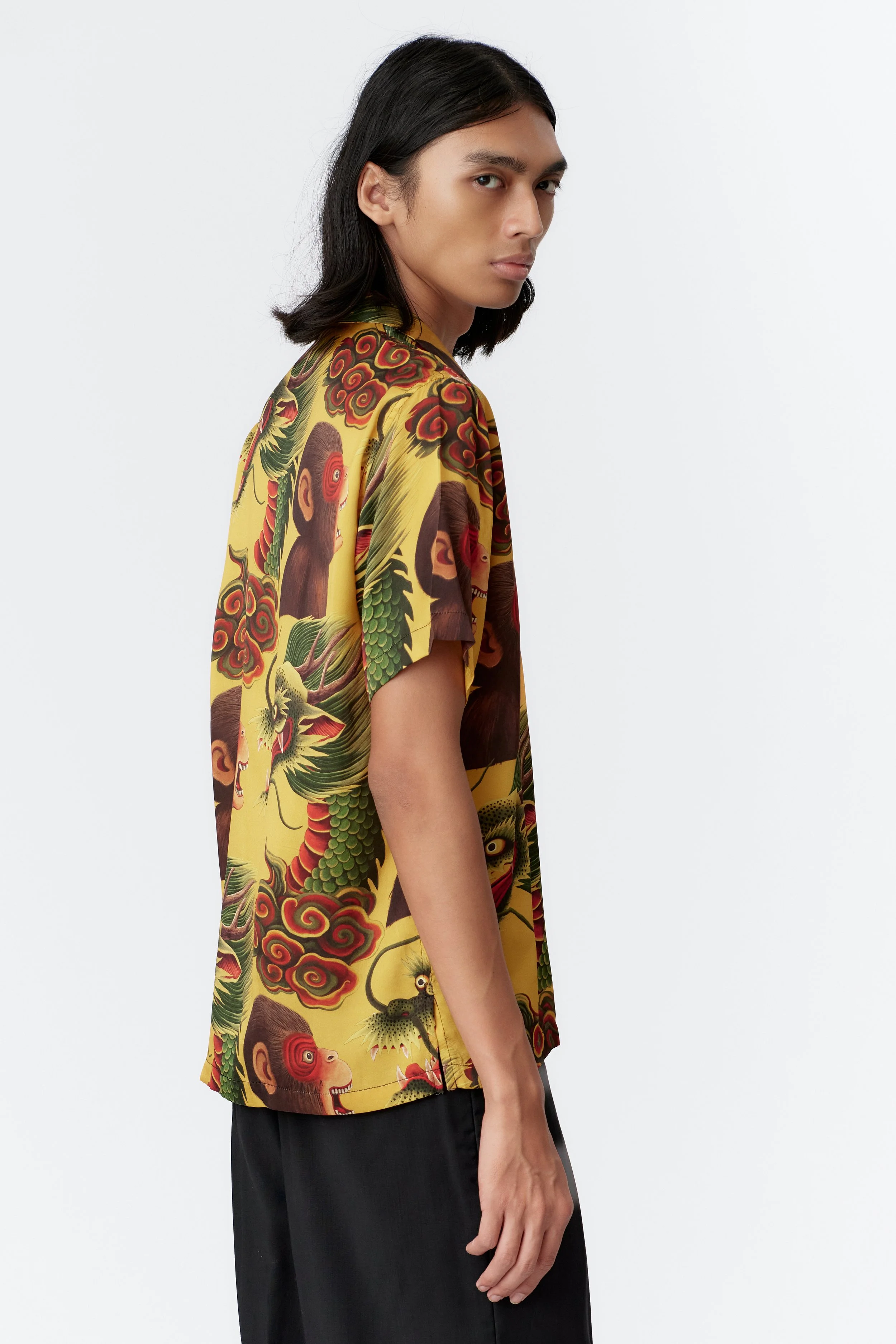 Monkey Dragon Yellow Silk Satin Shirt Back Three Quarter
