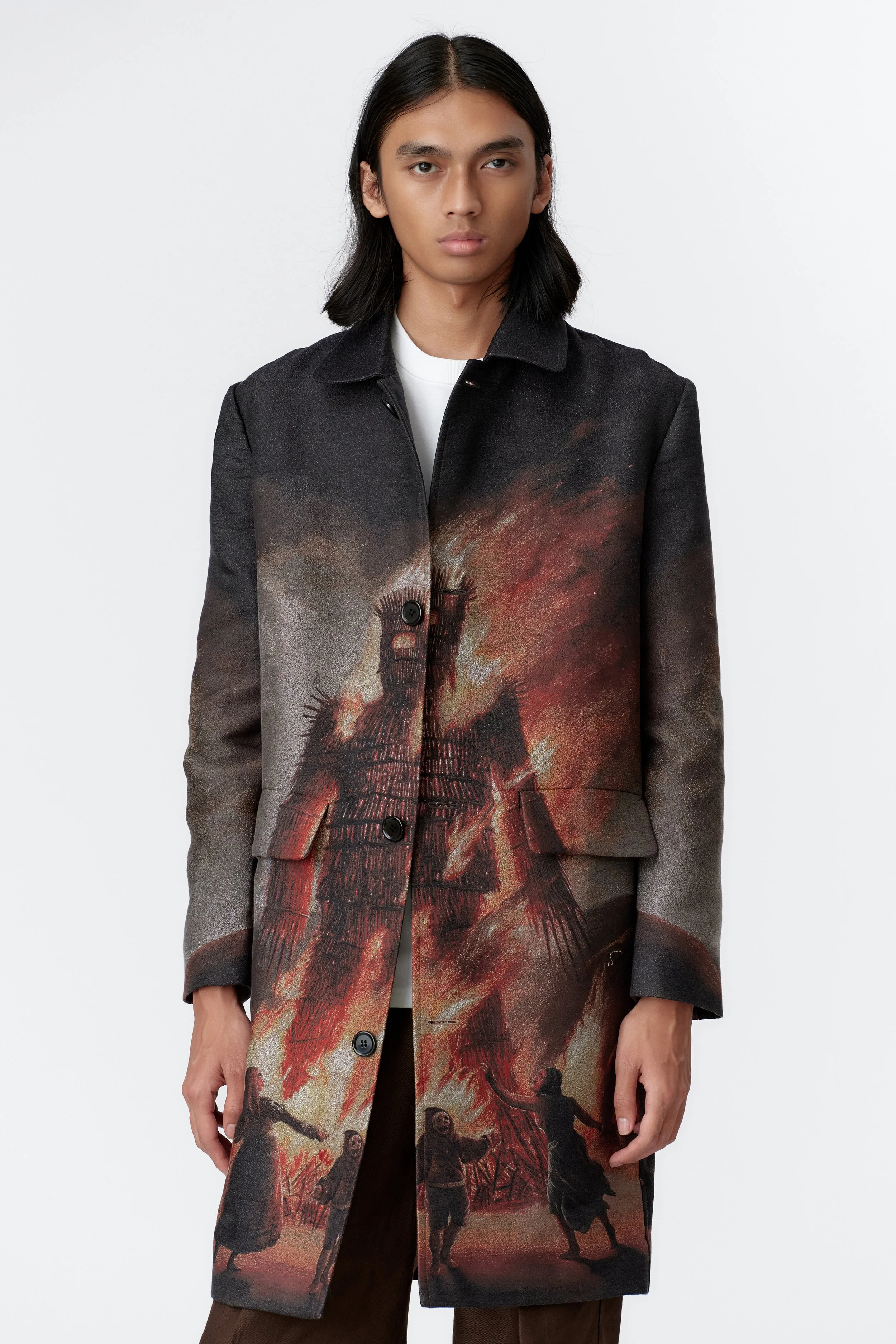 Detail of luxurious 75% wool, 25% cotton jacquard fabric on Wickerman limited edition overcoat
