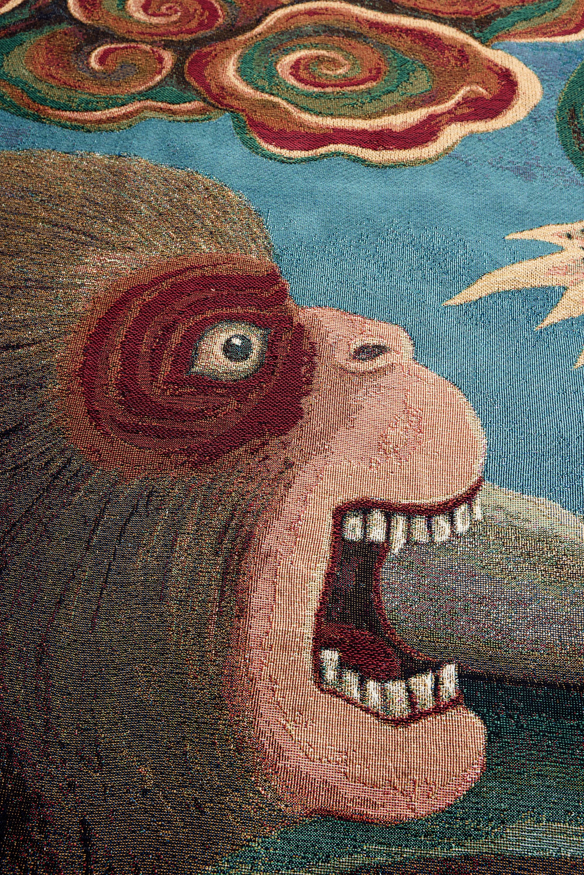 Close-up detail of Monkey Dragon woven organic cotton texture