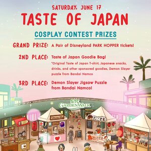Taste of Japan stage will be holding a Cosplay Contest on Saturday 6/17 at 6:15pm‼️ 🏆GRAND PRIZE: Pair of &ldquo;Disney PARK HOPPER&rdquo;&nbsp;tickets 🏅2ND PLACE: Goodie Bag *Taste of Japan T-shirt, Japanese snacks, drinks, sponsor goodies, &amp