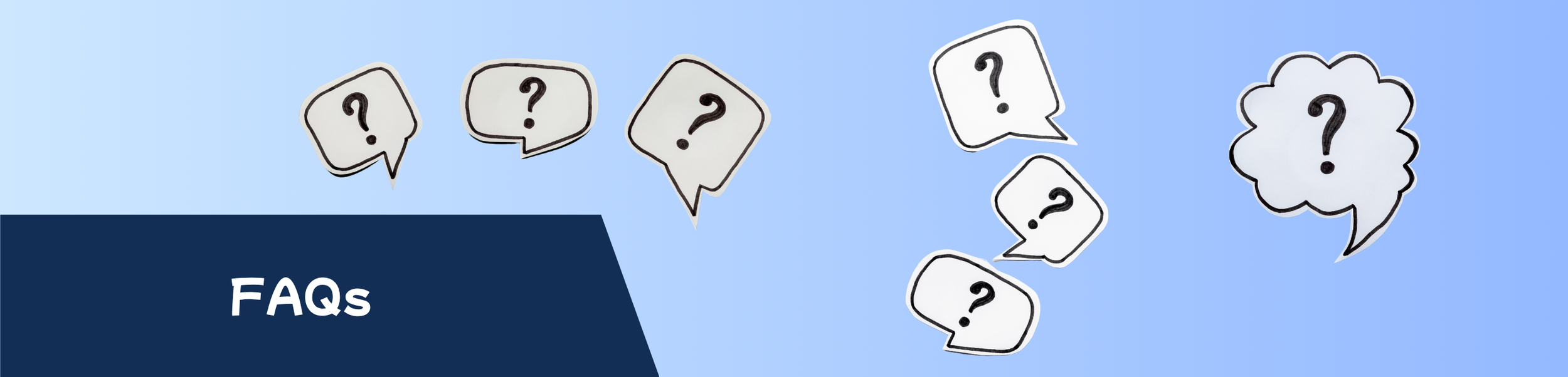 Illustration of speech bubbles with question marks and the word 'FAQs' on a blue background.