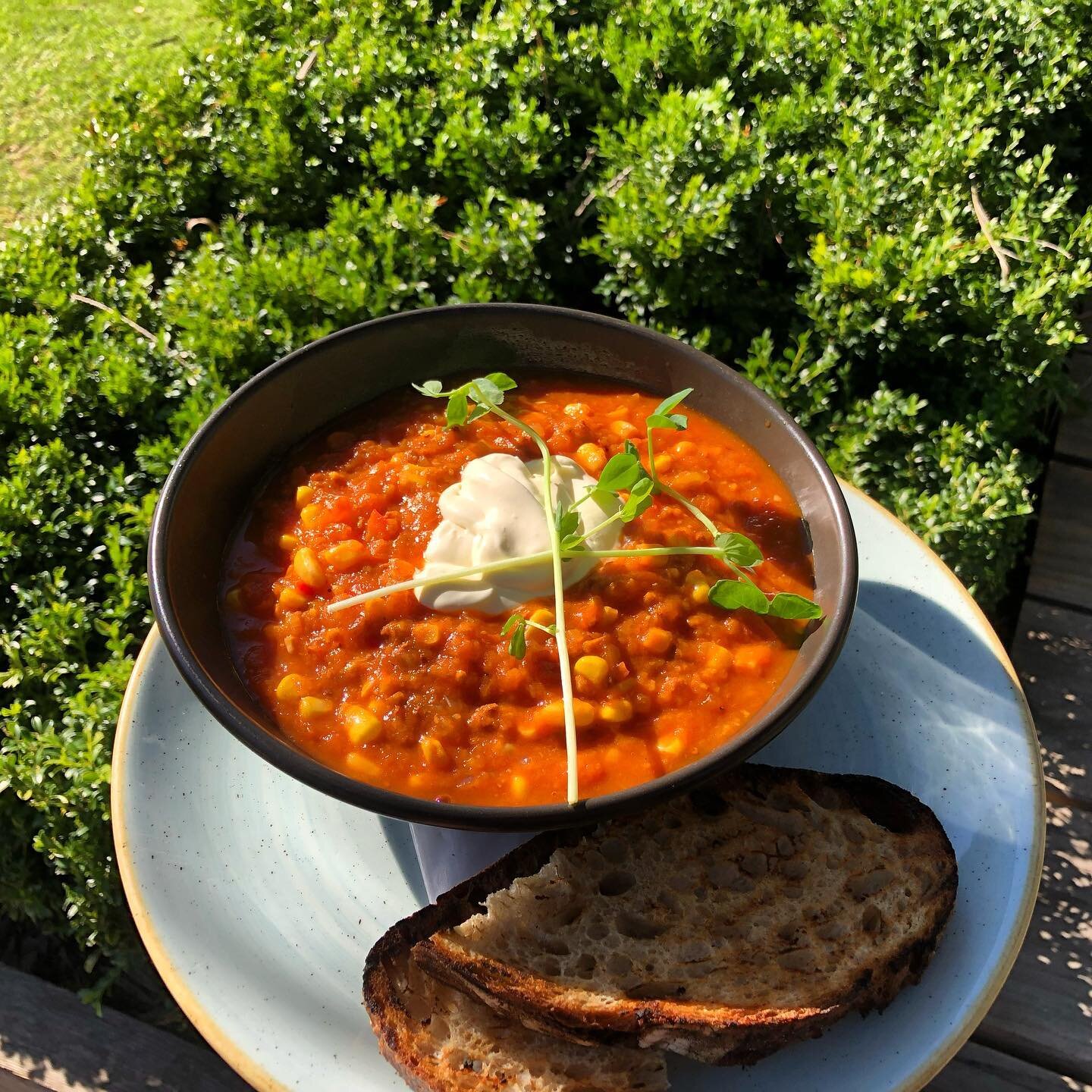 Tomato, Chorizo &amp; Corn Soup 🥣 

Served with a side of @honorbread toasted sourdough&hellip; 

Good Soup! #soupoftheweek #hearty #goodfood #mossycafe #lunch #perfect #soupseason #soupdays #soups #soupweather #mossycafe #seeyouatthemossy #euroboda