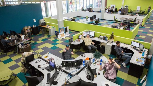 Overhead Image of Interior at Greentown Labs Showing Desks and People
