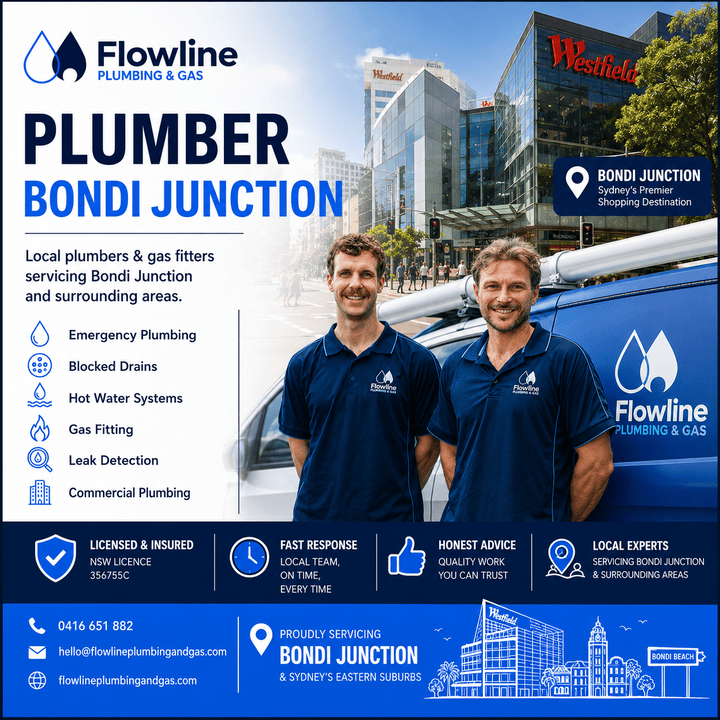 Two plumbers standing in Bondi Junction with their plumbing van