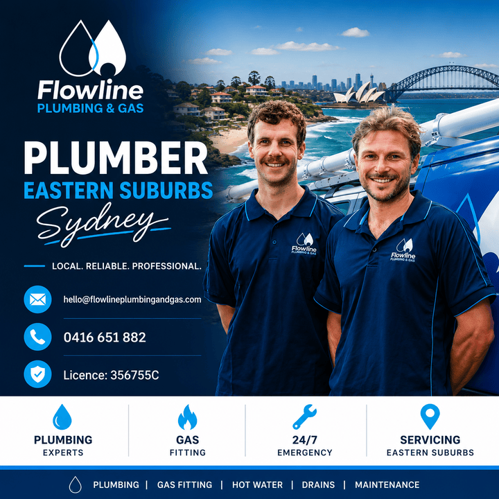 Two plumbers in Eastern Suburbs Sydney standing in front of their work van amongst details of their business
