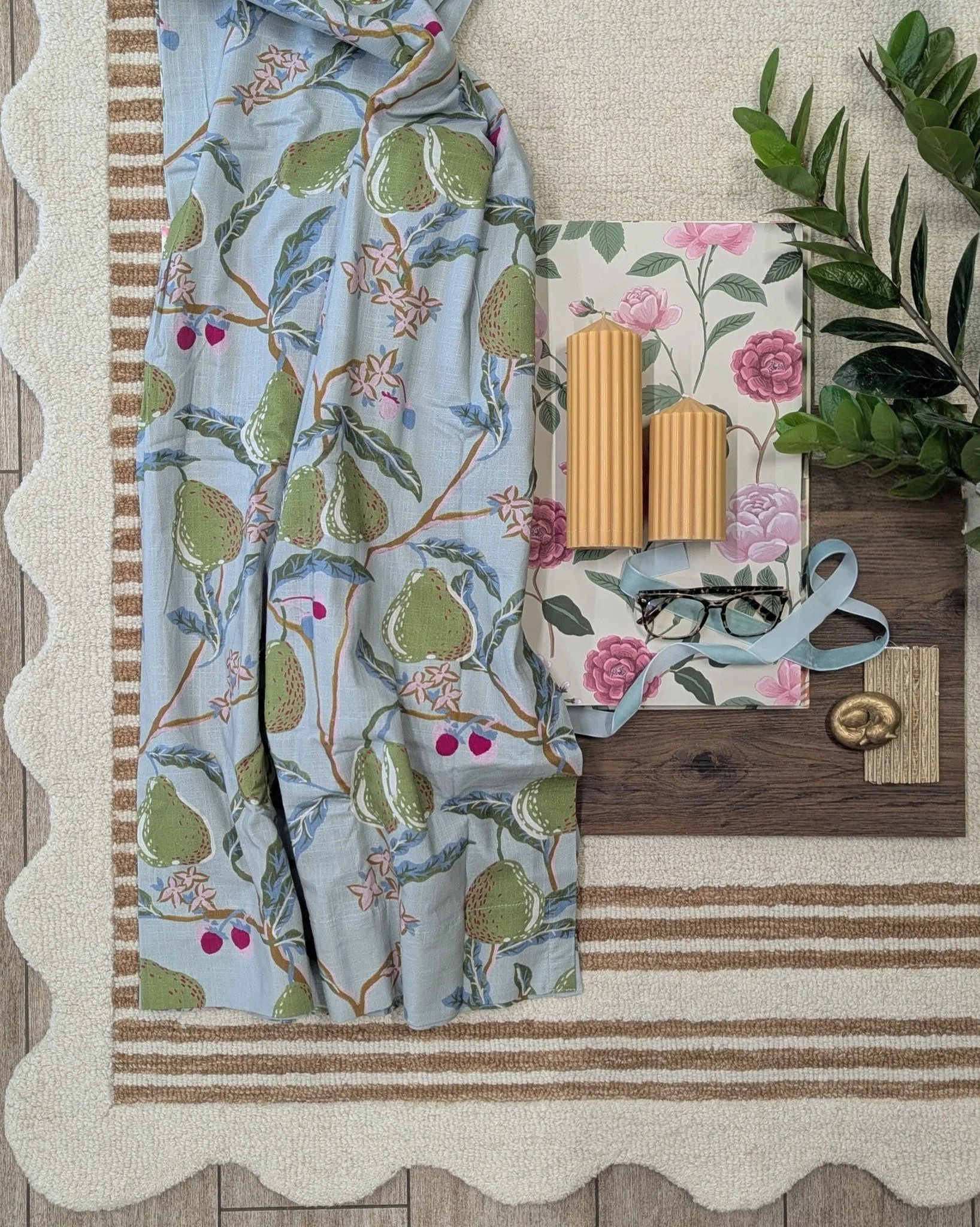 Flatlay of one of the more exciting bedrooms we've done. Exciting because it's full of colour, pattern, and texture. The homeowner was bold enough to do something different, and the room is one that just makes you happy. See for yourself on this year