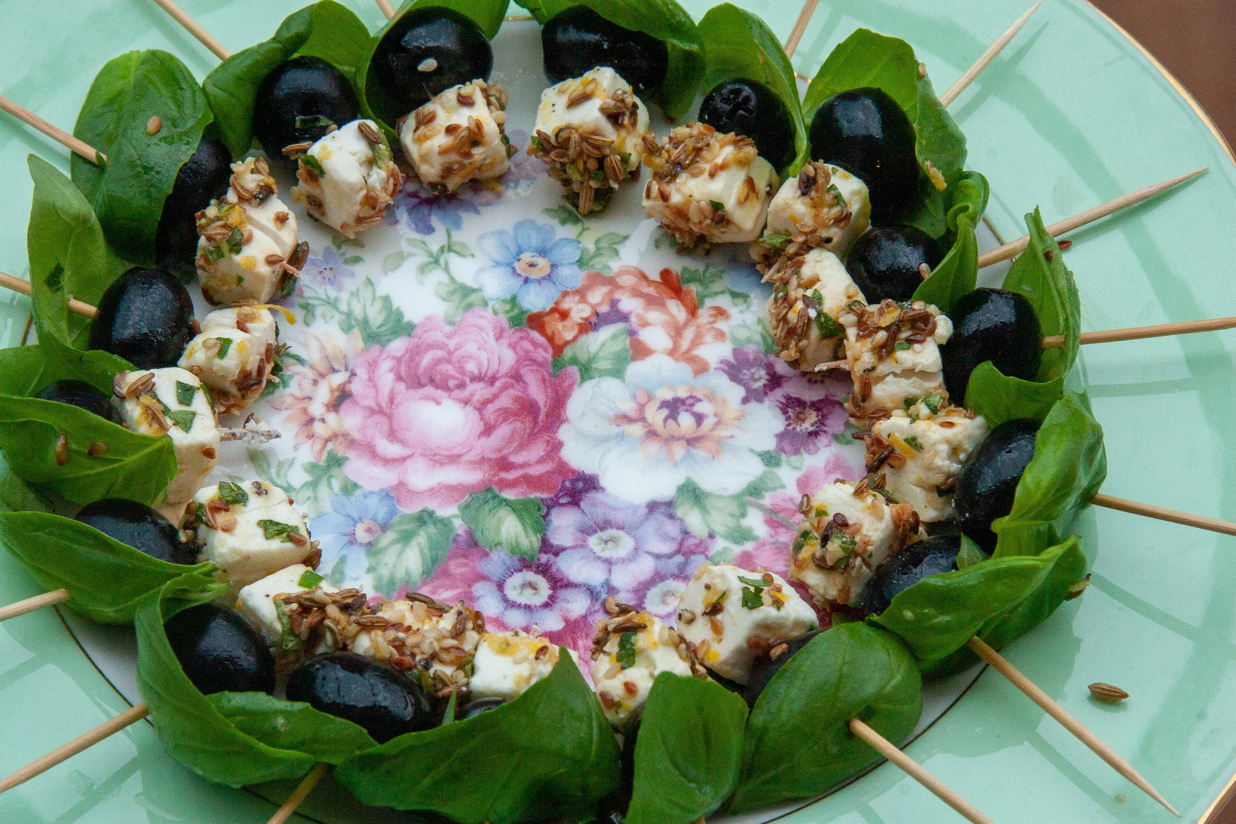 feta, olive and basil skewer