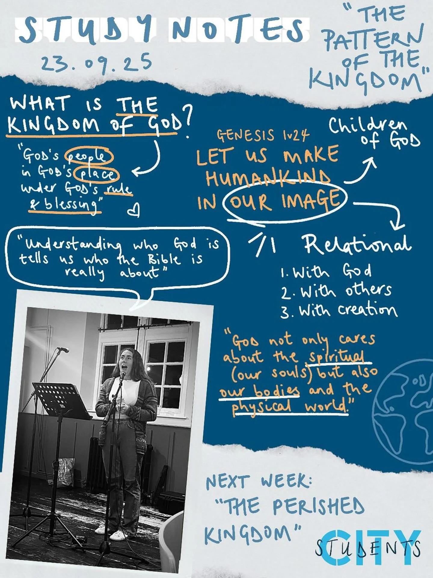Thank you to everyone who made it to the first week of our new series ‘Your Kingdom Come’ with the topic ‘The pattern of the Kingdom’ studying Genesis 1-2 and learning about the relational nature of God and what it means to be