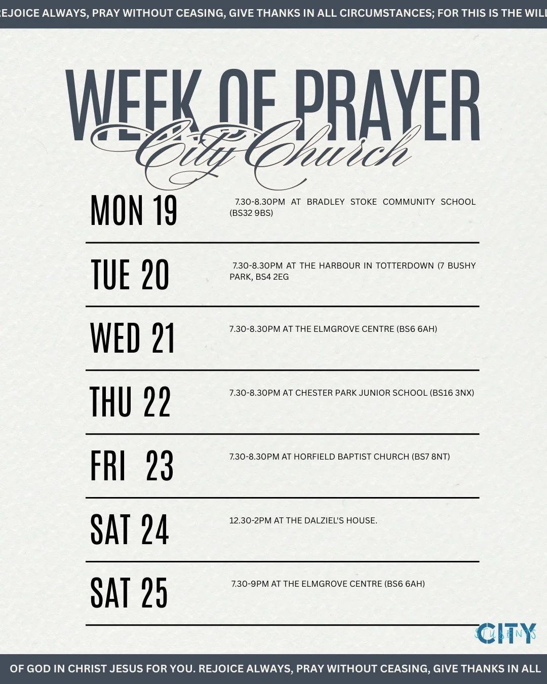 Hey everyone, happy first week of term 👋
As part of our wider City Church family, we&rsquo;re starting the year together with prayer and asking God to move across Bristol 🙏
From Monday 19th January, prayer meetings will be happening across the city