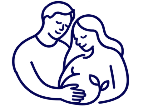 Line drawing of a loving couple holding their pregnant belly.