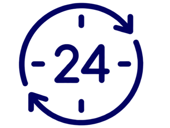 A blue icon depicting a 24-hour service or availability, with a clock and circular arrows around the number 24.