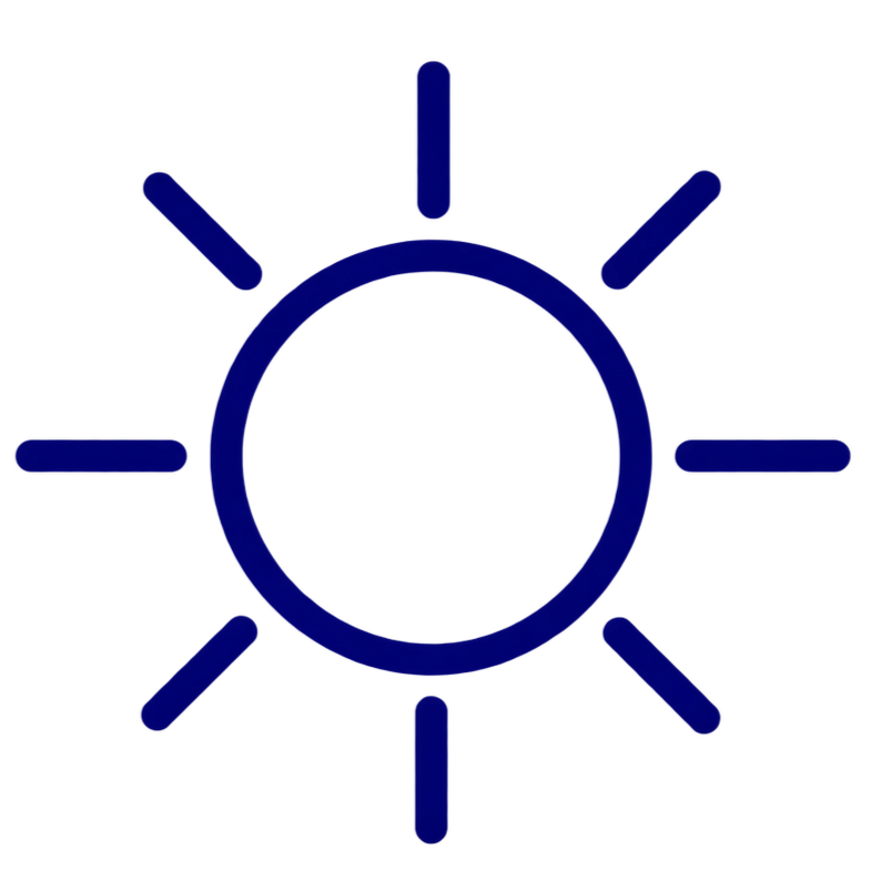 A simple dark blue icon of a sun with a circular center and eight rays extending outward.