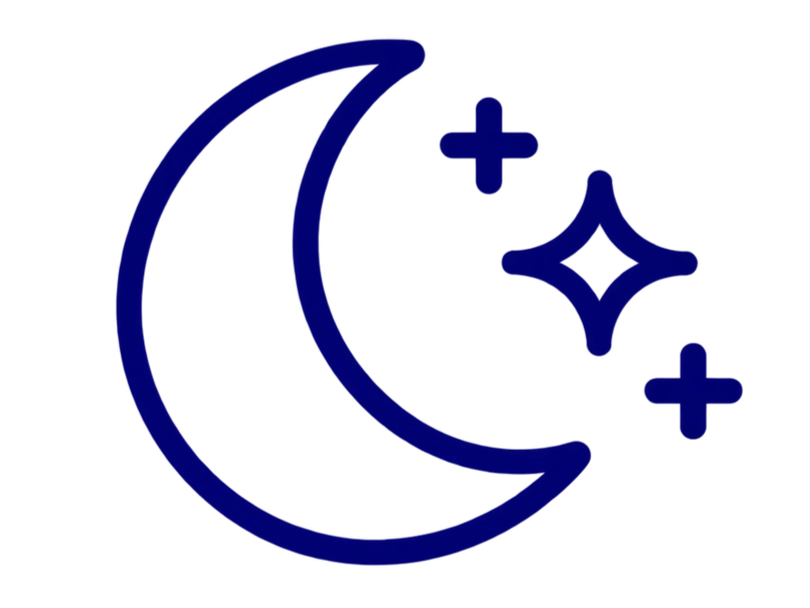 A blue icon of a crescent moon with stars and plus signs around it, symbolizing overnight care with doulas of rhode island