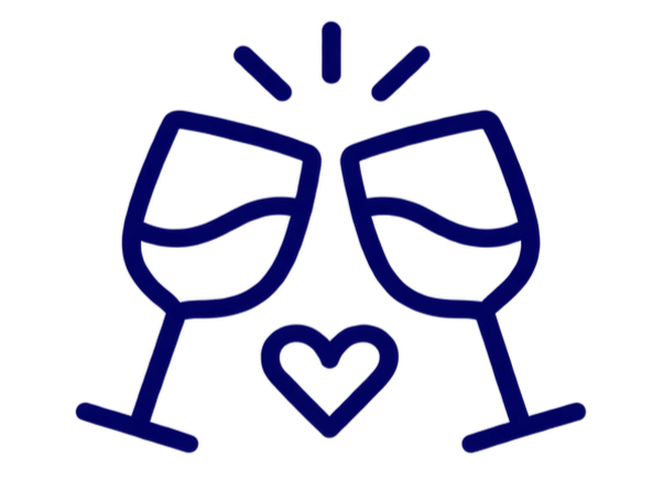 Line drawing of two champagne glasses clinking together with a heart symbol underneath, symbolizing date night support and childcare offered by doulas of rhode island