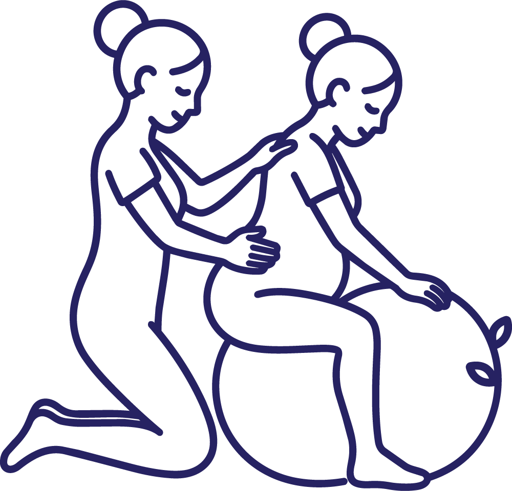 Outline drawing of two women, one kneeling and one seated, with the seated woman holding a large apple, both touching the apple.