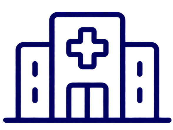 Outline of a hospital building with a large cross symbol in the center.