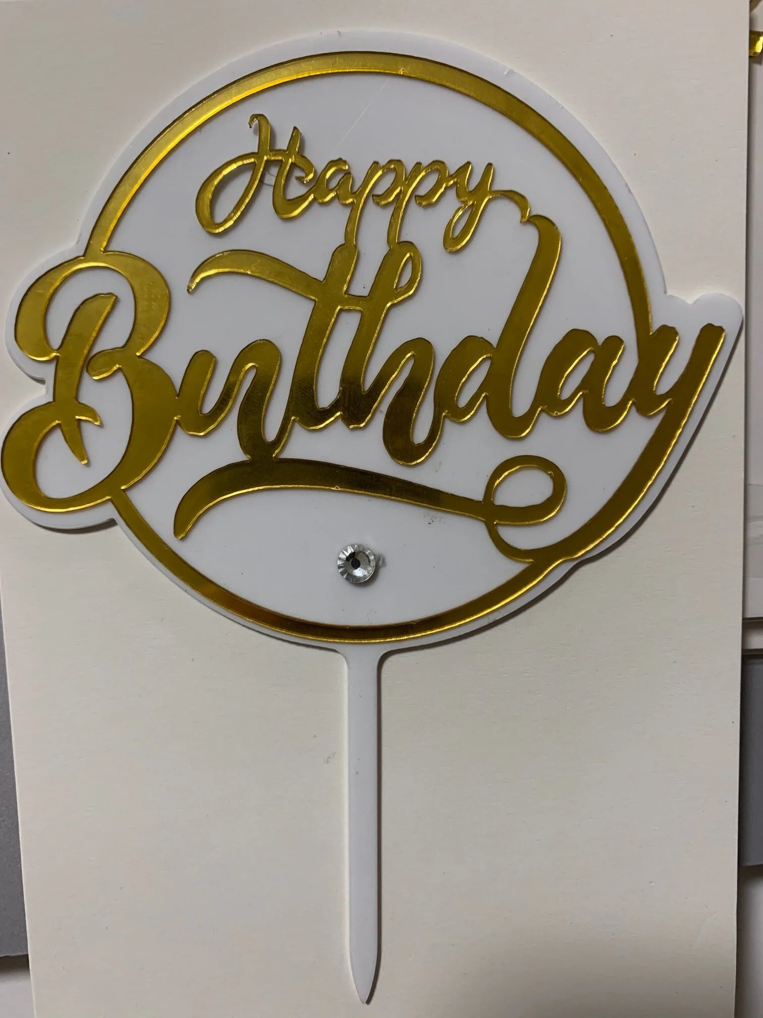 White backed gold happy birthday arcylic topper