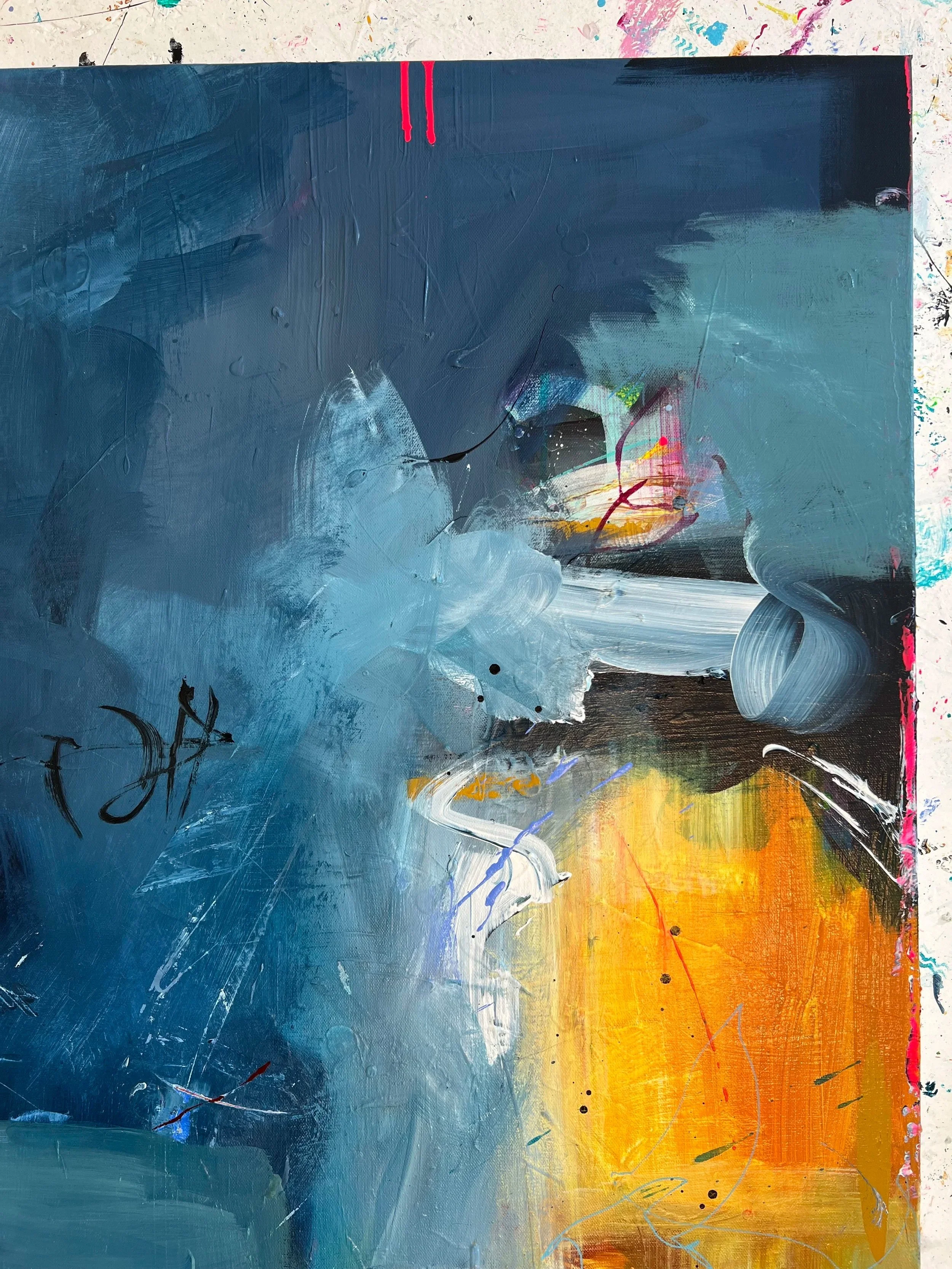 Close-up detail of blue black white and yellow expressive brushwork in Worth the Squeeze