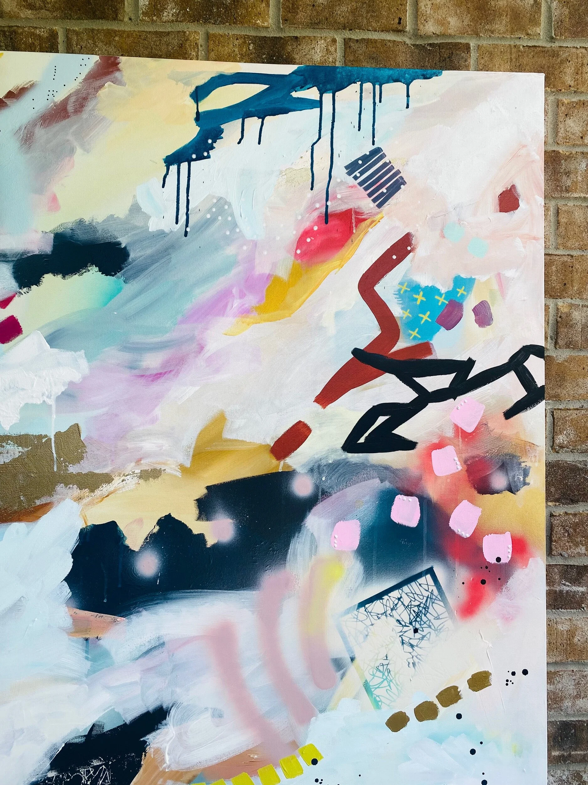Detail of vibrant pink, yellow, navy, and black abstract marks in You Are Enough original painting