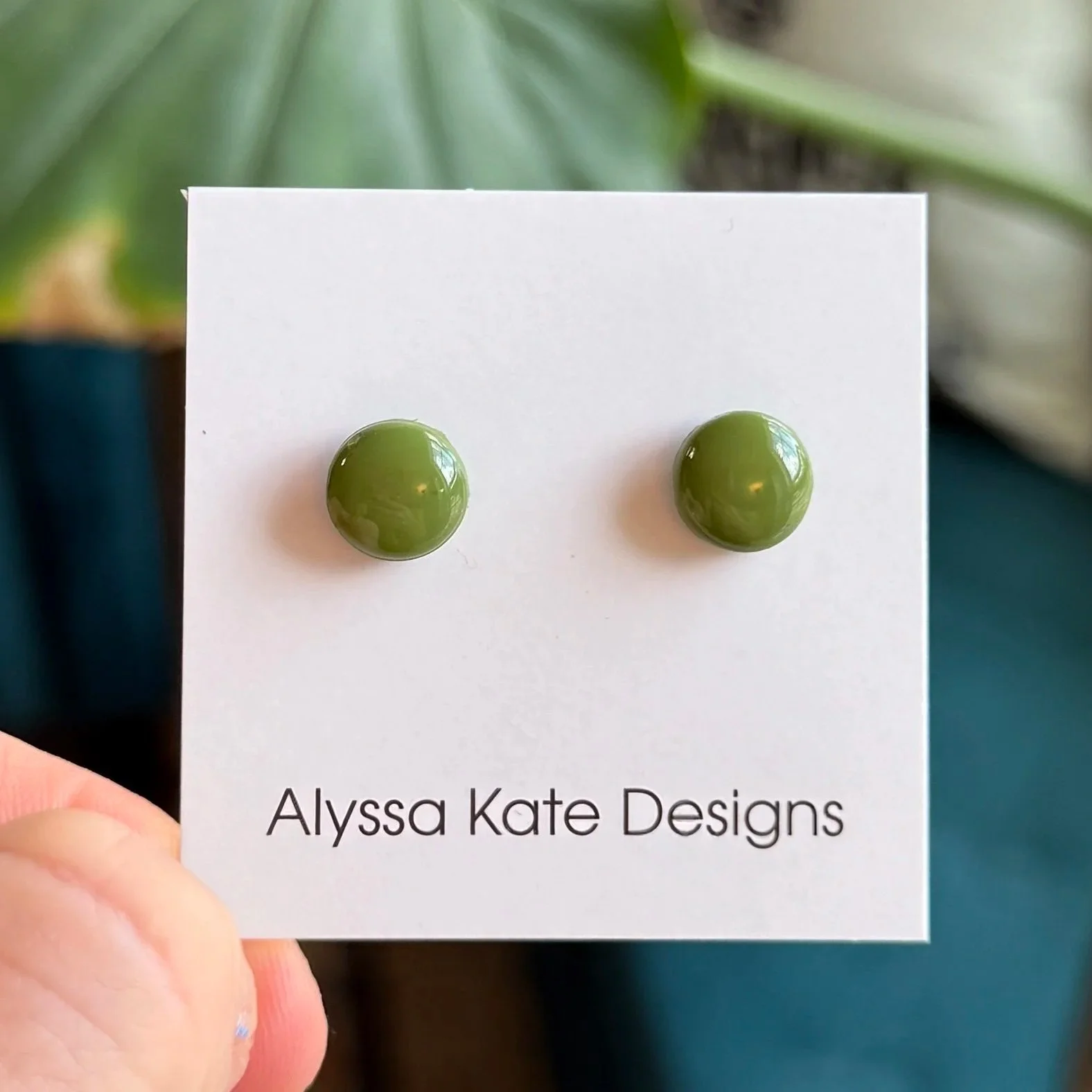 Medium 10mm olive green polymer clay stud earrings in the Olive You color.