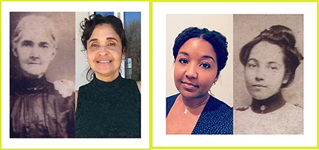 Left to right, Harriet Jeffries (my 4x great grandmother), Veronica Stephanie (my mother), Kimberly Henderson (me), Hettie Martin (my 3x great aunt). Ancestral photos courtesy of A. Martin Davis.
