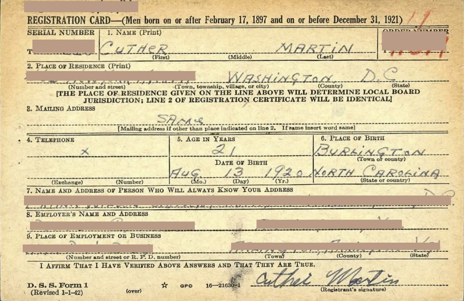 Generation 3: Draft Card, Grey eyes, Light Brown Complexion I (1942) Redacted 1942 draft card of Cuther Martin (great grand father), html hex color codes sourced from photographs of my mother. Digital Print 5 x 8 in