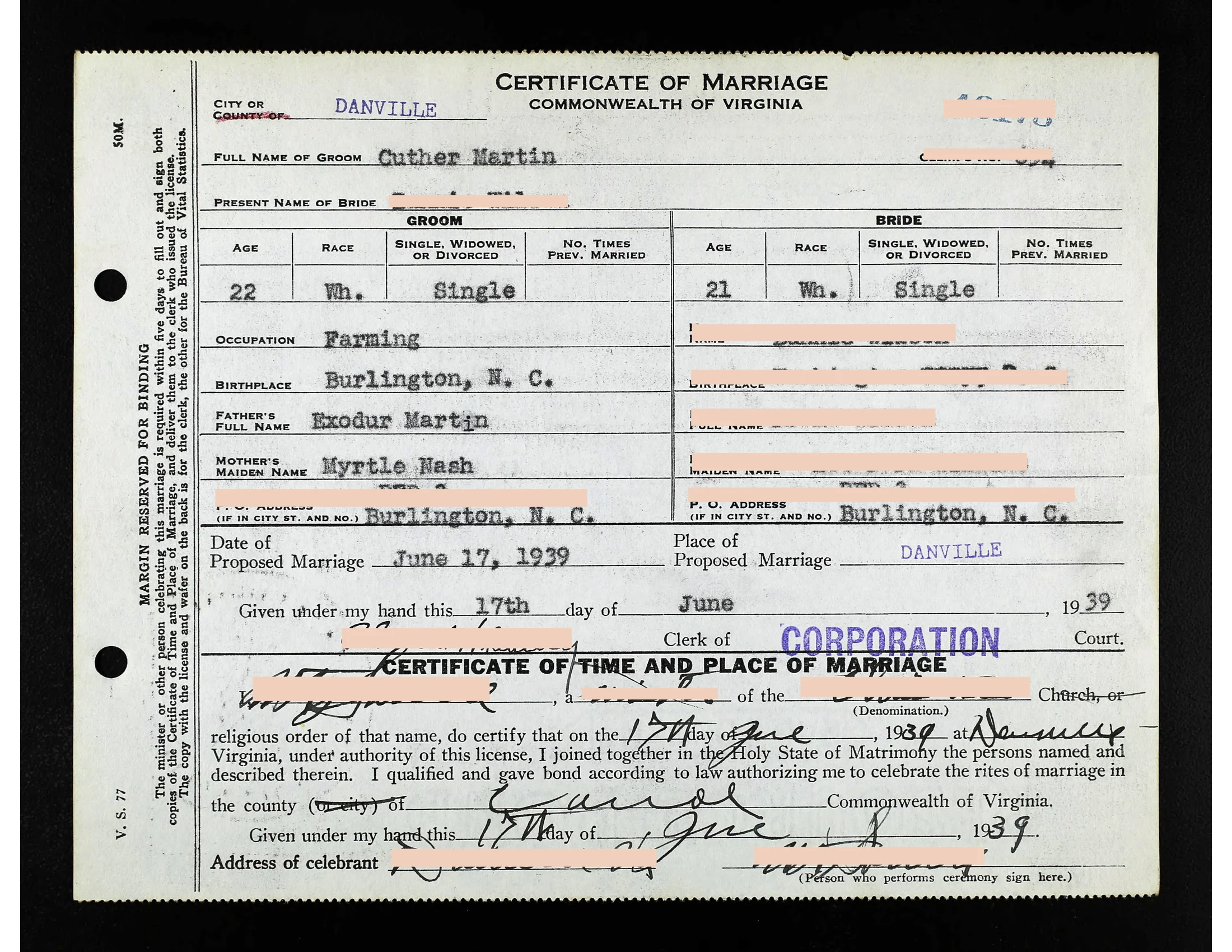 Generation 3: Passing or Observation? (1939) Redacted marriage certificate of Cuther Martin, in Danville, VA, html hex color codes sourced from photographs of my mother. Digital Print 28 x 36 in