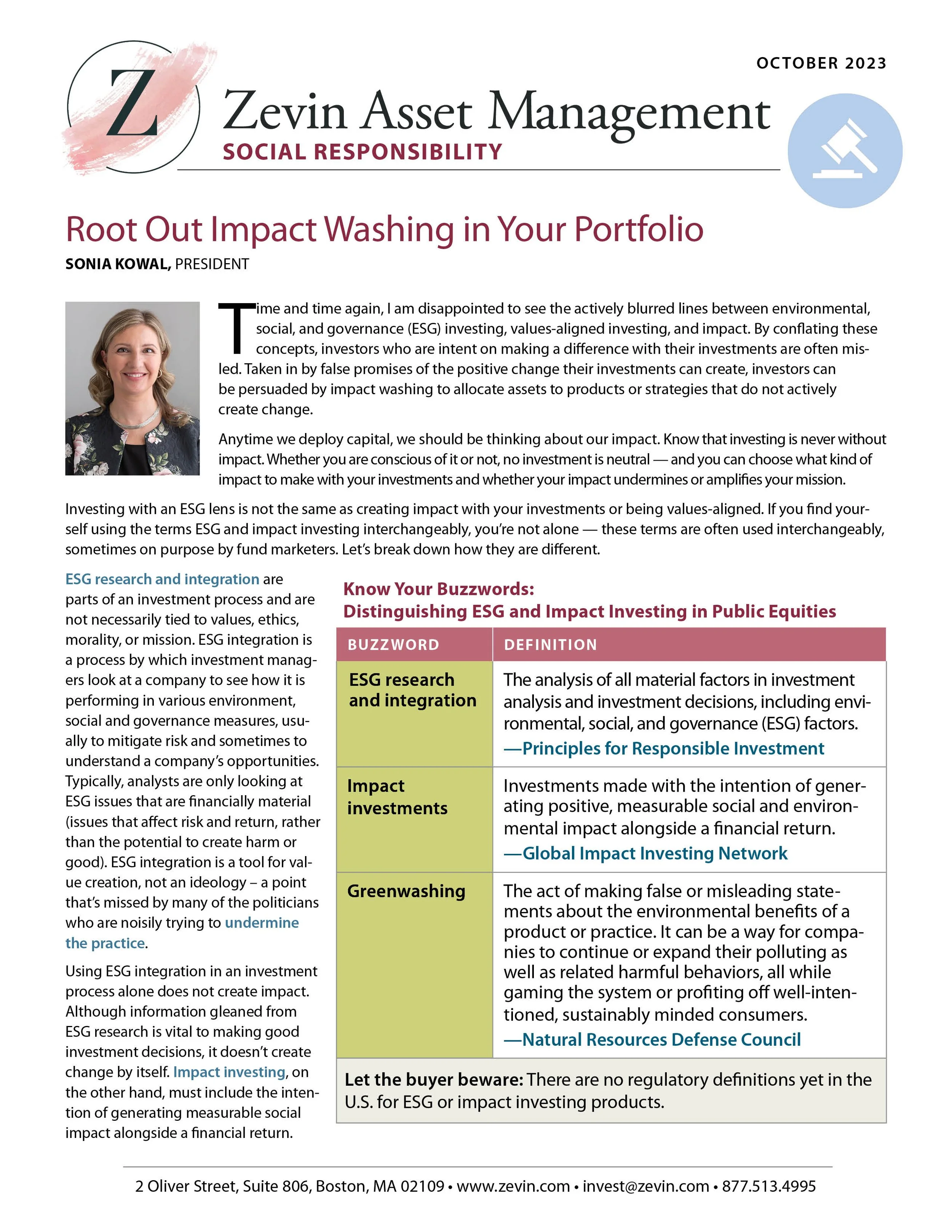 Root Out Impact Washing in Your Portfolio — Zevin Asset Management