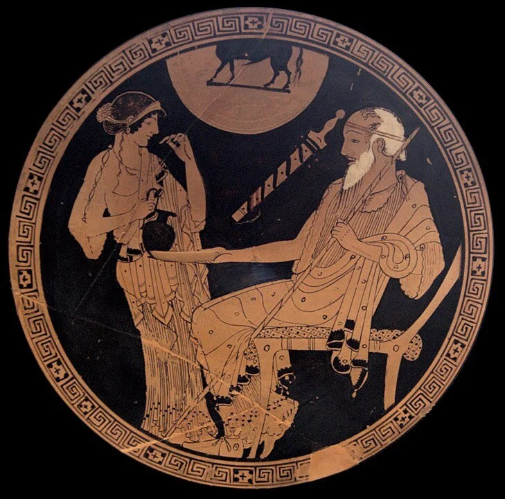 Hecamede preparing kykeon for Nestor, kylix by the Brygos Painter, ca. 490 BCE, Louvre