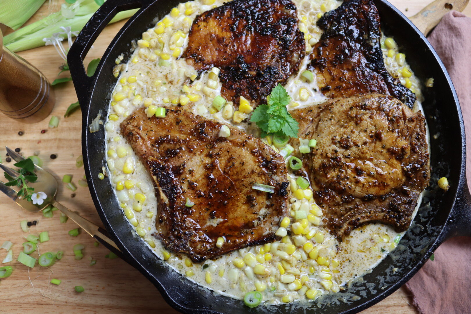 Brown Sugar Seared Pork Chops with Creamed Corn