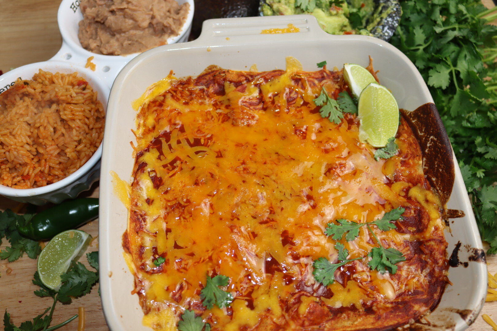 Red stacked beef "anchiladas"