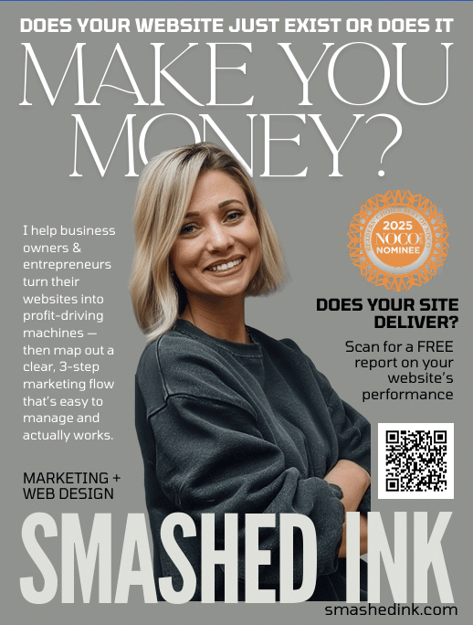 A woman with blonde hair smiling, wearing a dark top, standing against a gray background with text promoting website marketing and web design services, including a QR code.