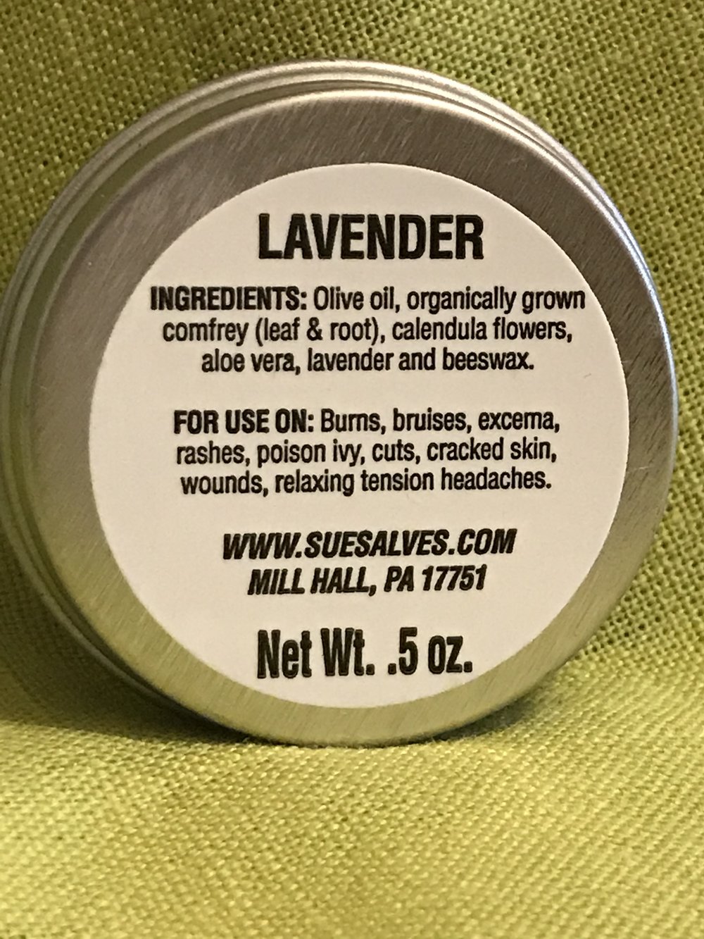 Lavender Salve ingredients Olive oil, organically grown comfrey (leaf & root), calendula flowers, aloe vera, lavender, bees wax