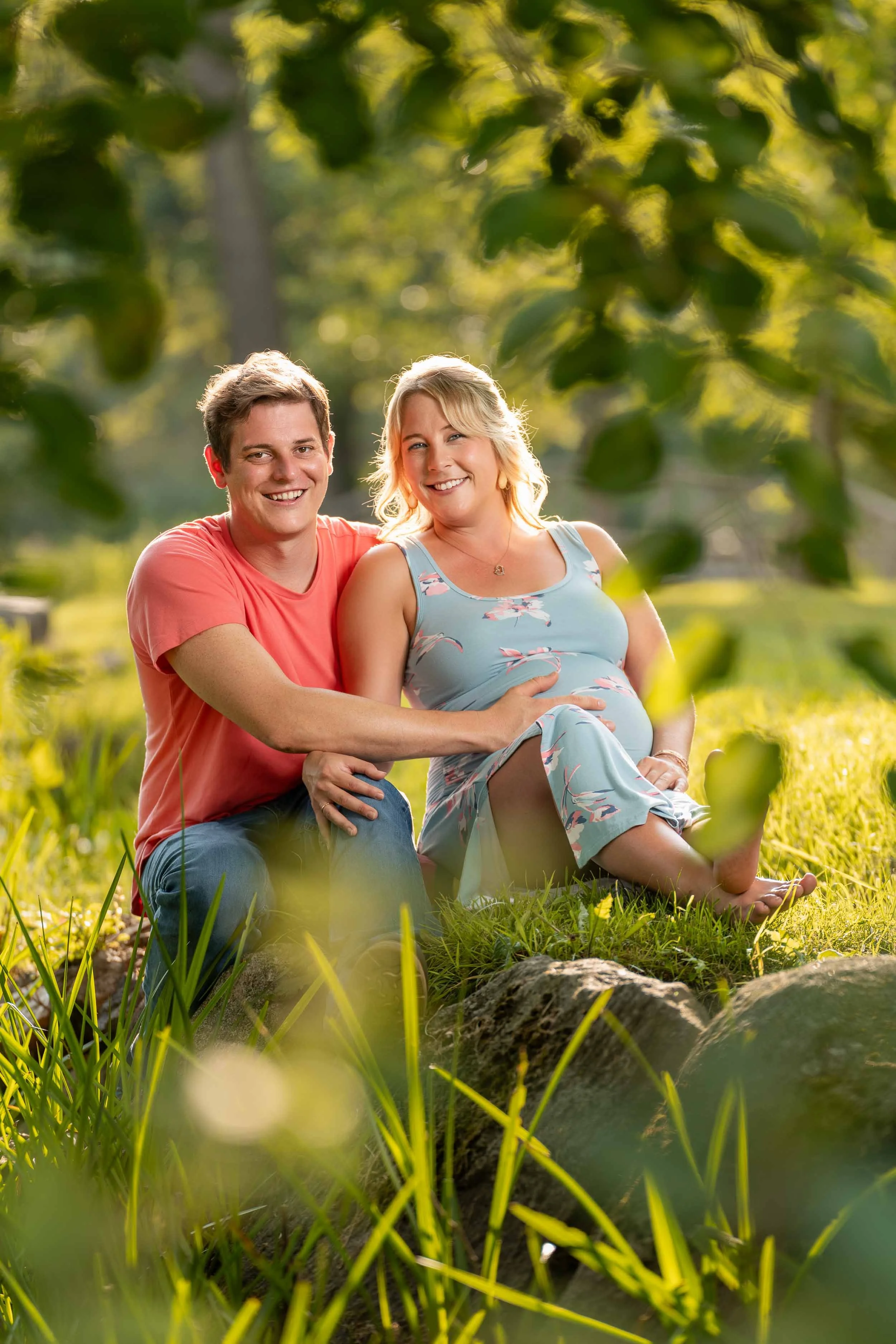 Maternity session at a sun-drenched South Bend park; professional pregnancy portraits by a South Bend family photographer.