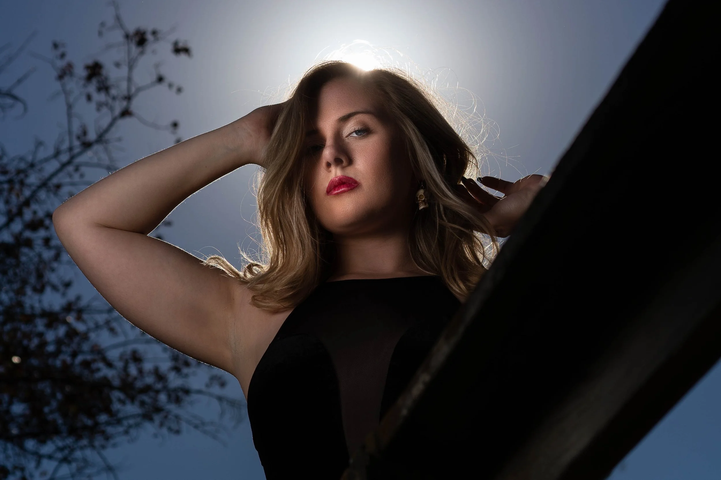 Editorial fashion photography in Southern Michigan featuring dramatic backlighting and outdoor styling by a South Bend portrait photographer.