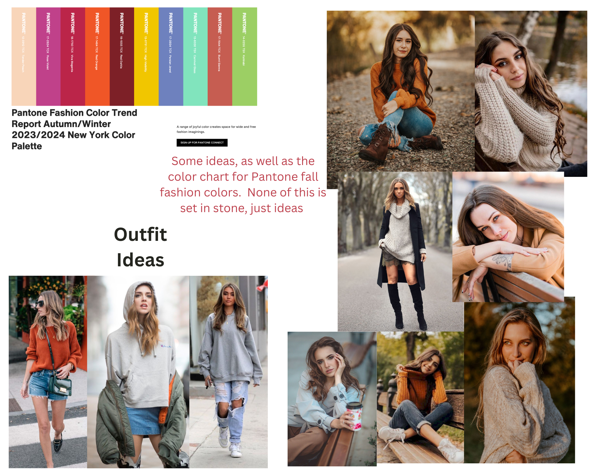 A fall fashion mood board featuring a Pantone color trend palette and editorial portraits of women in sweaters and autumn streetwear.