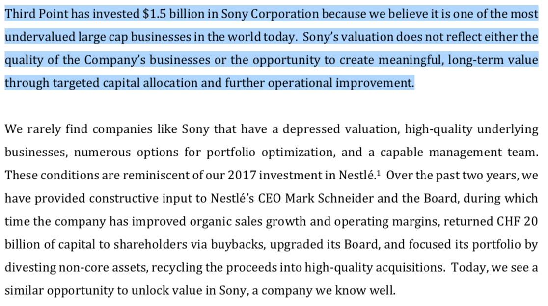 Click the image to read the full report from Dan Loeb at Third Point on their $1.5B investment in Sony, it’s a great read