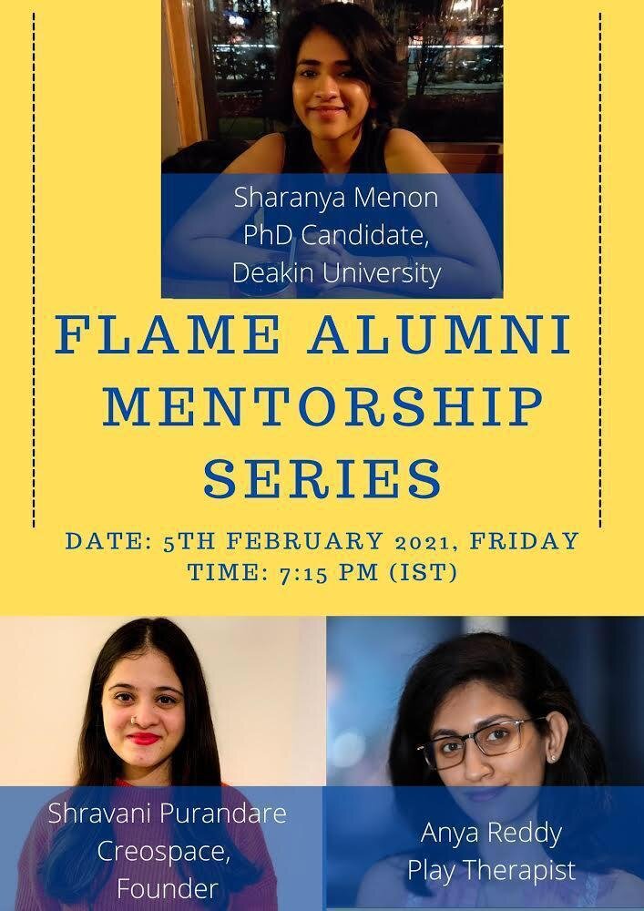 FLAME University Alumni Mentorship Series poster featuring Anya Reddy speaking with psychology students about careers and higher education pathways.