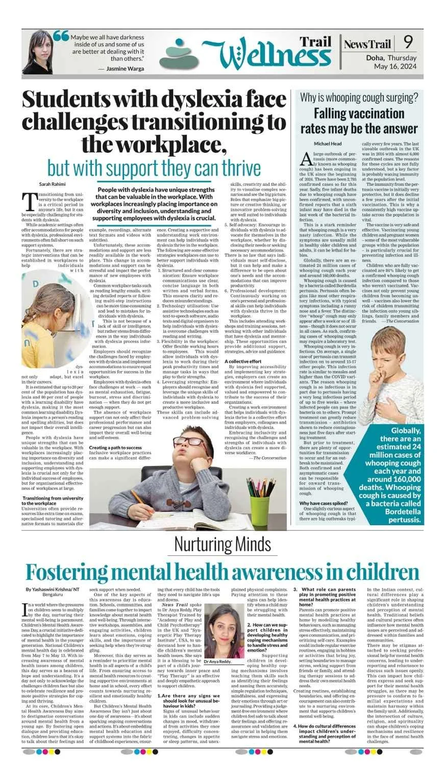 NewsTrail Qatar wellness article on dyslexia, child mental health awareness, and emotional support for children featuring expert insights from Anya Reddy.