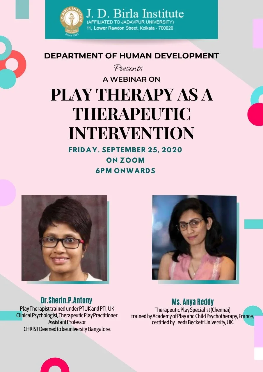 Webinar poster for “Play Therapy as a Therapeutic Intervention” featuring Anya Reddy and the Department of Human Development at J.D. Birla Institute, Kolkata.