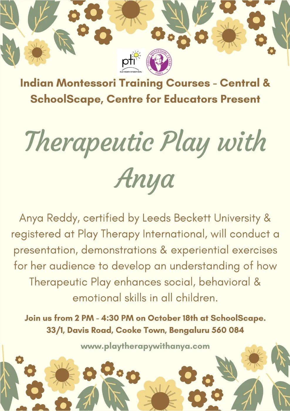 Poster for a therapeutic play workshop by Anya Reddy for Montessori educators in Bangalore focused on children’s social, emotional, and behavioural development.