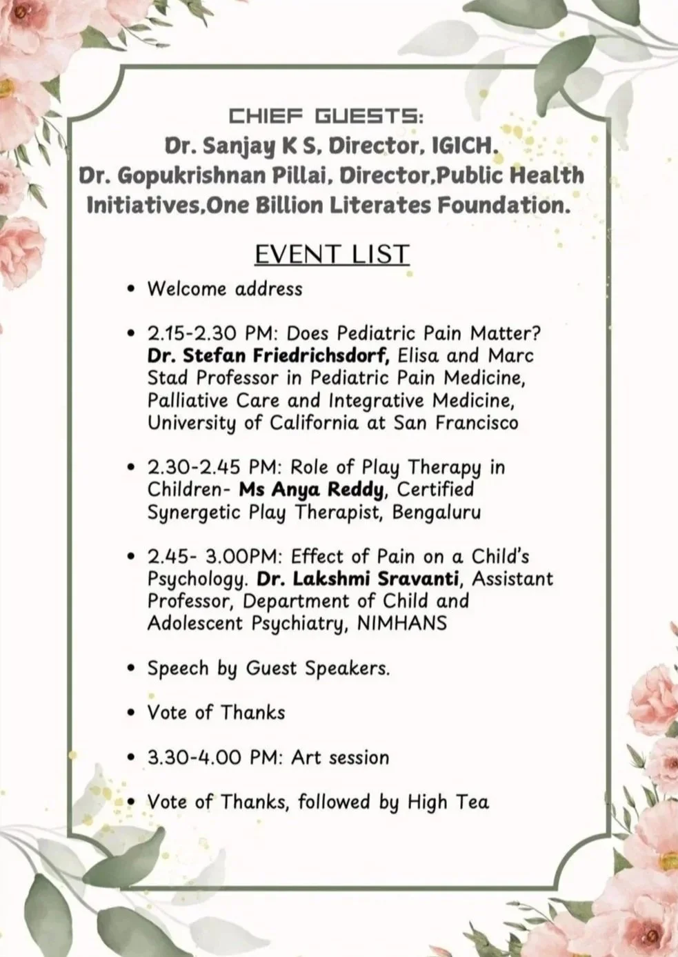 Conference schedule featuring Anya Reddy speaking on the role of play therapy in paediatric pain management at IGICH Bengaluru.