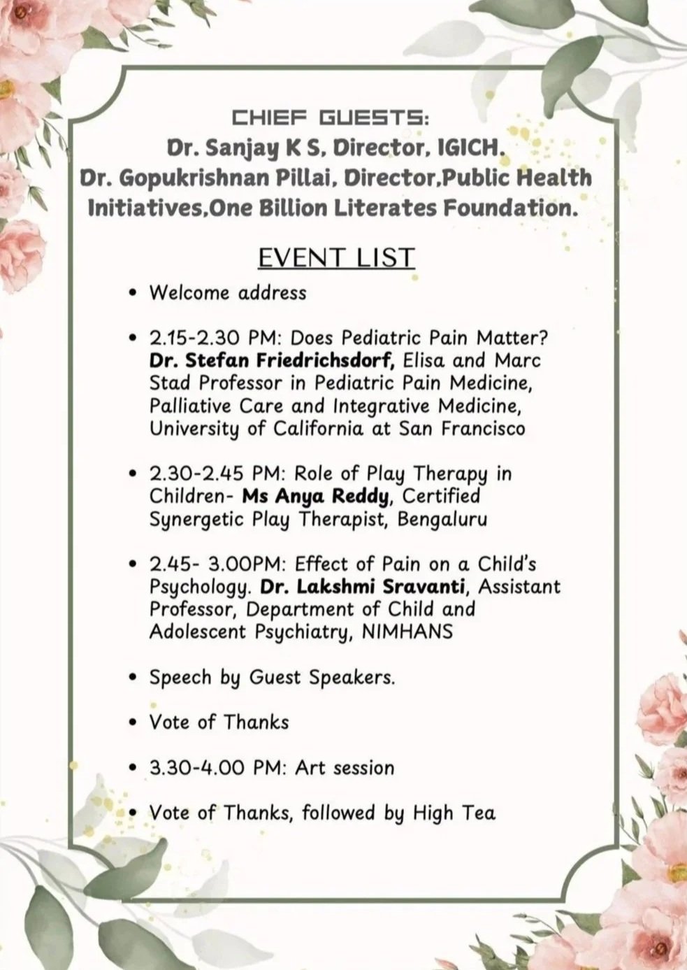 Conference schedule for Paediatric Care and Palliative Pain Awareness Week at Indira Gandhi Institute of Child Health featuring Anya Reddy speaking on Play Therapy in paediatric pain management.