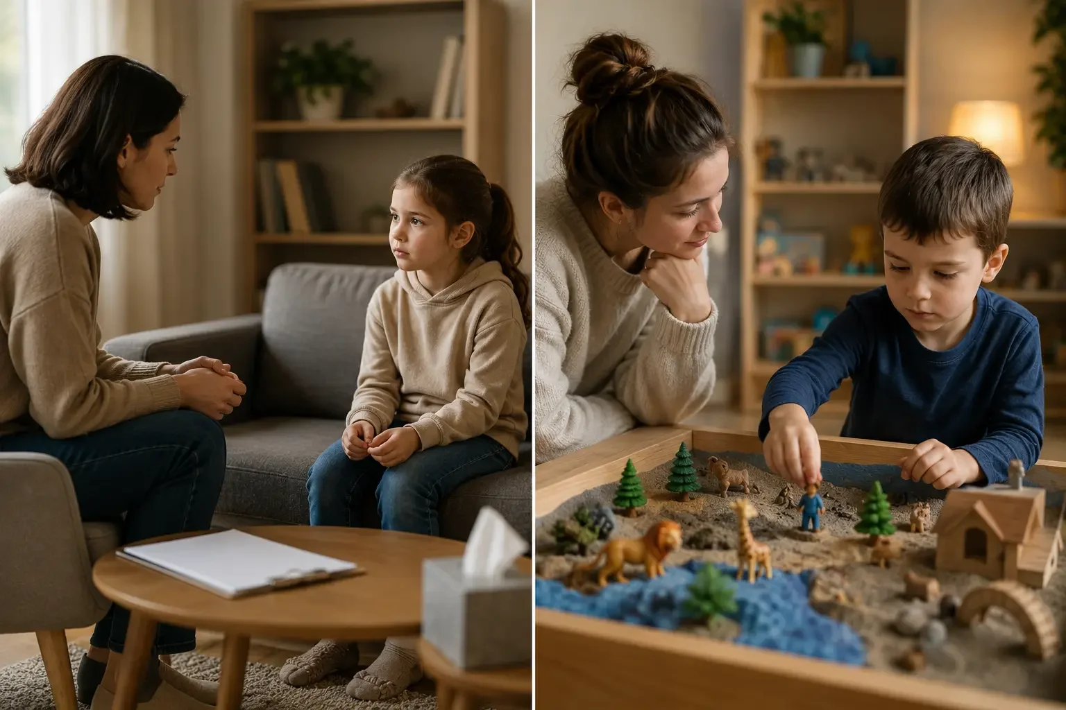 Side-by-side comparison of a child in traditional counselling and a child engaging in Play Therapy with a sand tray and miniature figures in a calm therapeutic setting.